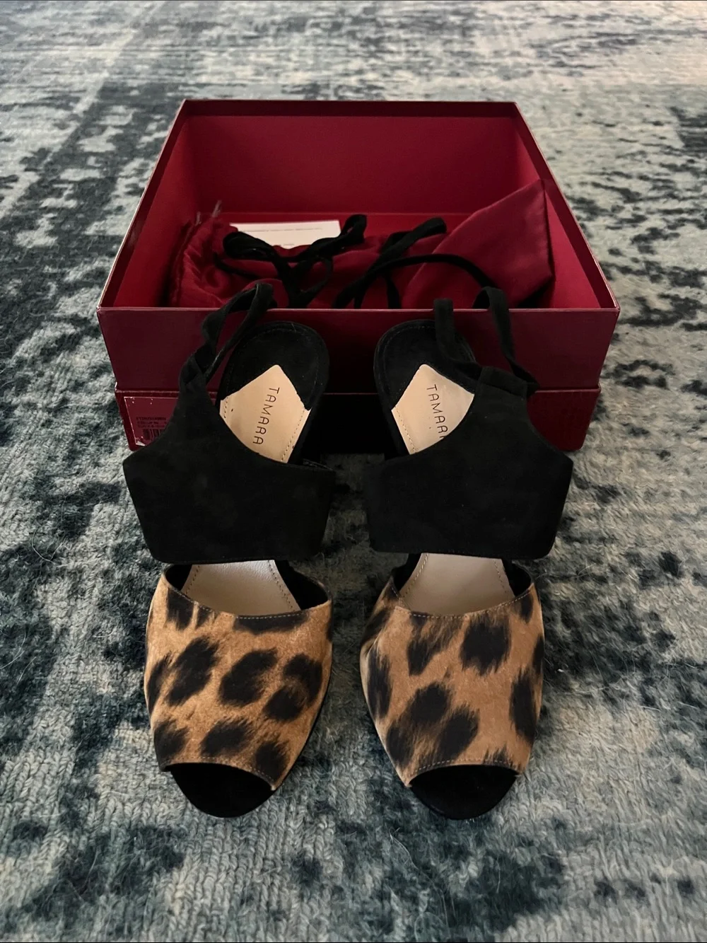 Tamara Mellon Leopard & Black Suede Open-Toe Heels
